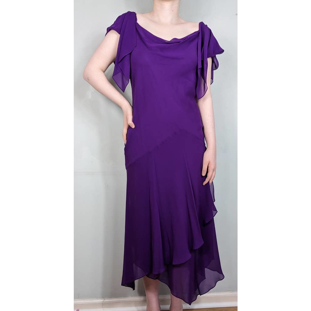 Vintage Silk Midi Dress 8 Purple Chiffon Handkerchief Fairy 90s Y2k Maggy London